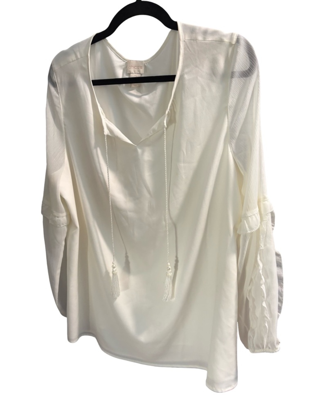 Chico’s White Ivory Boho Ruffle Tassel Sleeve Peasant Blouse Top 2 L